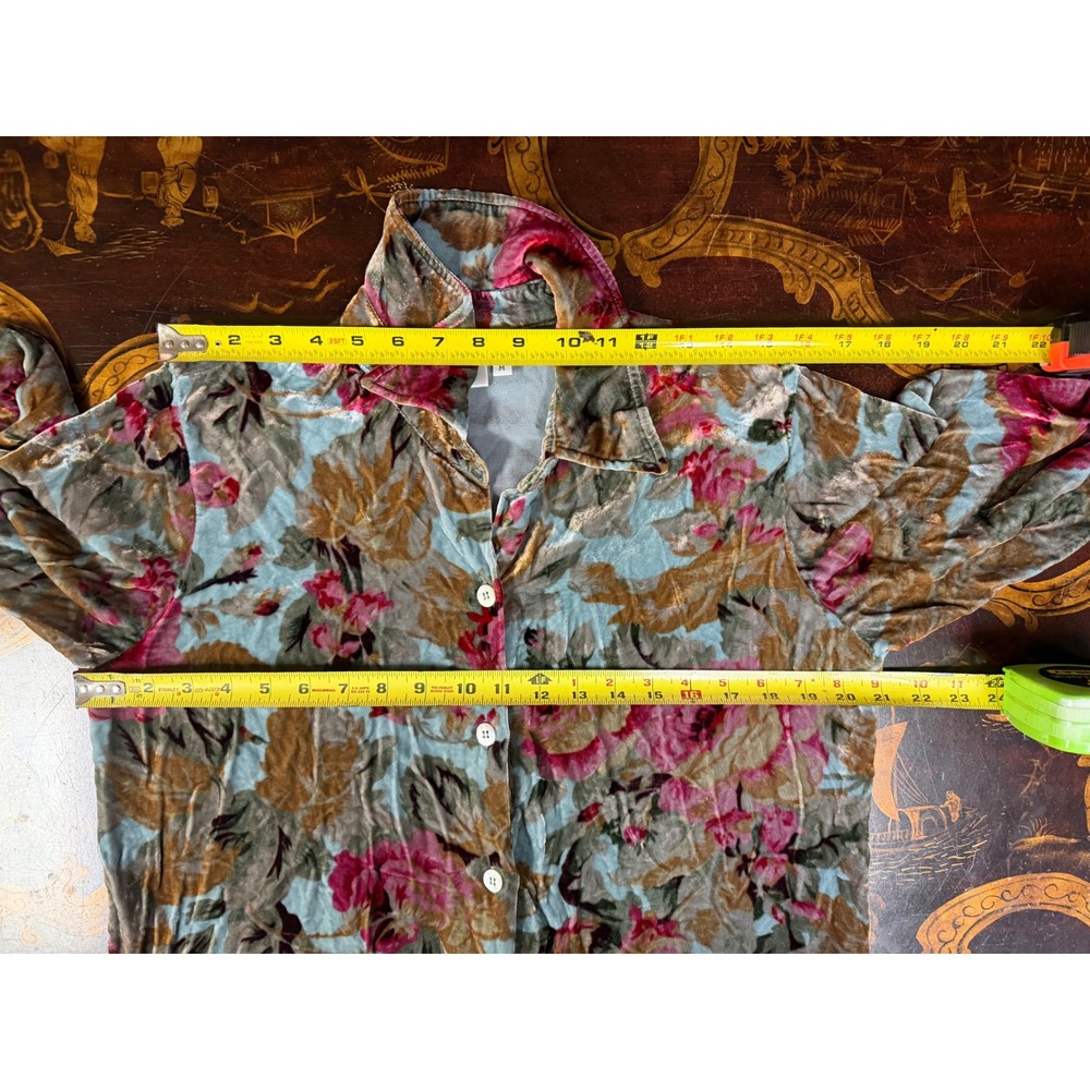 Vtg Soft Surroundings Silk Velvet Blue Pink Floral Button Down Blouse Romantic M - Picture 5 of 10